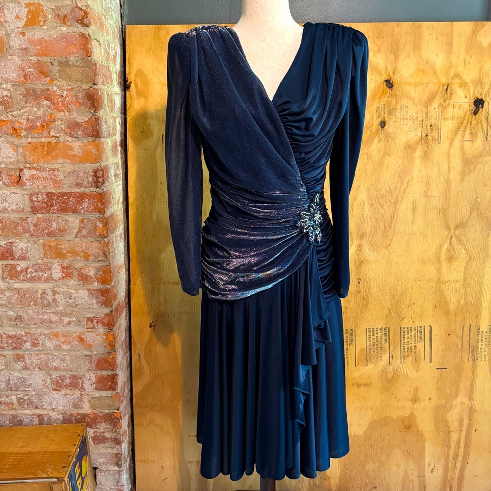 Vintage 80s Filigree LTD Collection Blue Sparkle Ruched Dress Beaded Sz 12